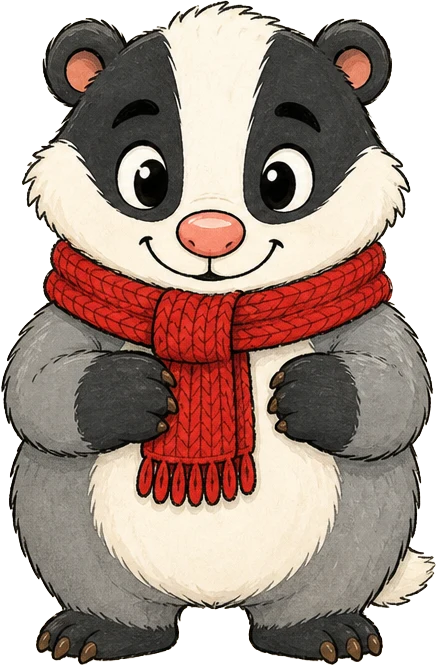 Diggy, a friendly cartoon badger wearing a red knitted scarf