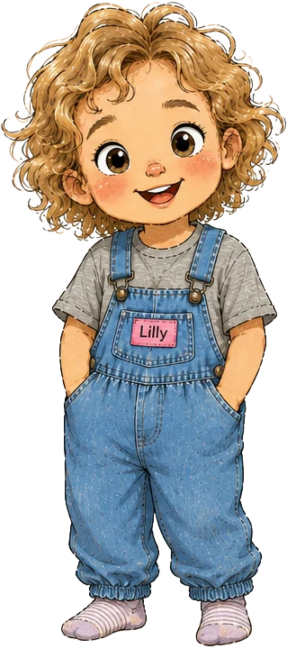 Lilly, a smiling toddler with sandy curls wearing blue denim dungarees