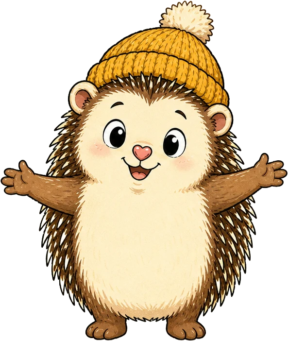 Poppy, a cheerful cartoon hedgehog wearing a yellow bobble hat
