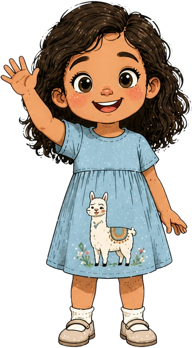 Rosy, a young girl with dark curly hair in a blue dress, waving hello